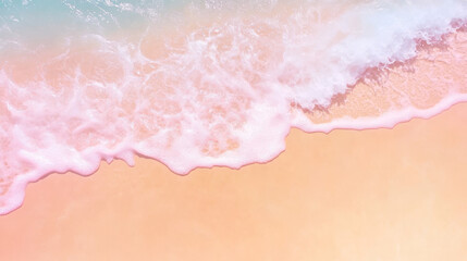 Obraz premium Aerial view of serene beach with pastel pink sand and gentle waves creating calming atmosphere. soft colors blend beautifully, evoking sense of tranquility and peace