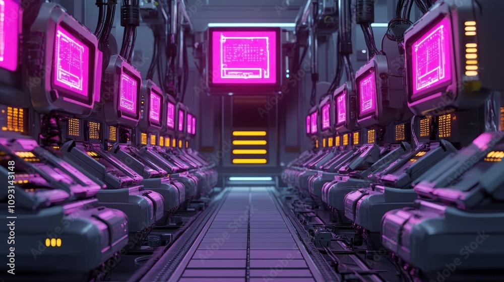 Poster Futuristic Server Room With Rows Of Advanced Computing Machines