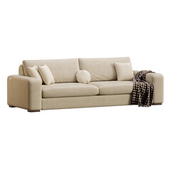 A tan couch with a brown blanket draped over it