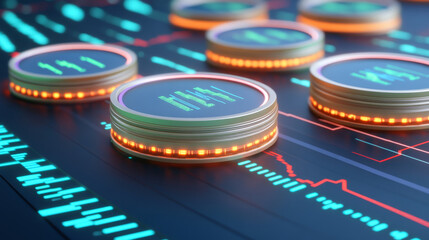 Digital coins with glowing edges on futuristic data interface, representing cryptocurrency and blockchain technology. vibrant colors and dynamic design convey innovation and modern finance