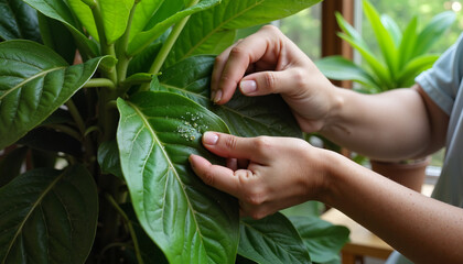 Person inspecting and caring for indoor plant leaves for pest removal in a bright environment