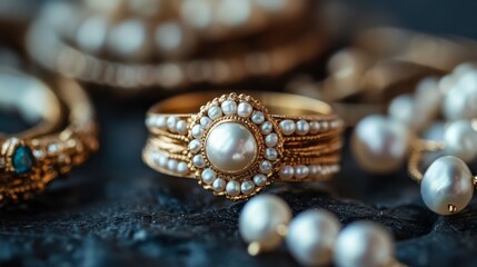 Fototapeta premium Elegant Gold Ring with Pearls and Intricate Design Surrounded by Beautiful Jewelry Pieces on a Dark Background for Luxurious Stock Photo Collection