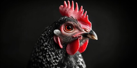 A close-up image of a black and white speckled chicken with a striking red comb against a dark background captures its intricate feather details and intense gaze