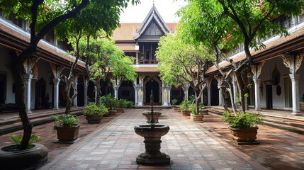Obraz premium Serene Courtyard with Lush Greenery and Elegant Architecture in Traditional Thai Style, Featuring a Central Fountain Surrounded by Vibrant Trees and Plants
