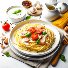 Illustration of ready-to-eat spaghetti carbonara menu on a dining table.