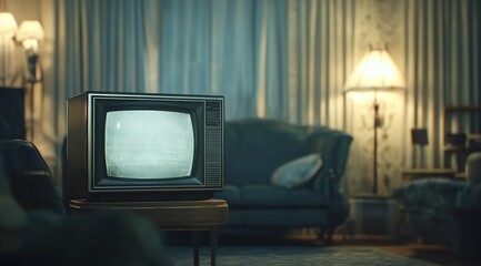 A vintage television set in an old living room, playing static on the screen.