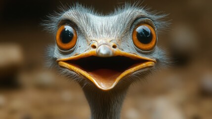 Baby ostrich with a big smile on its face. The bird's eyes are wide open and its mouth is open wide