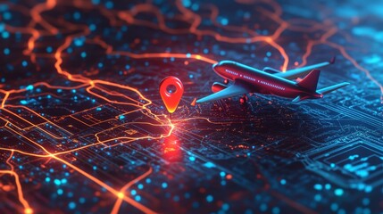 Abstract Concept of Air Travel and Navigation with Airplane Model, Digital Map, Geolocation Pin, and Futuristic Neon City Lights for Travel and Adventure Themes