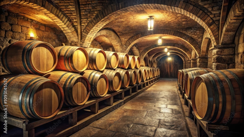 Poster a rows of wooden barrels stacked in a dimly lit stone cellar with arched ceilings.