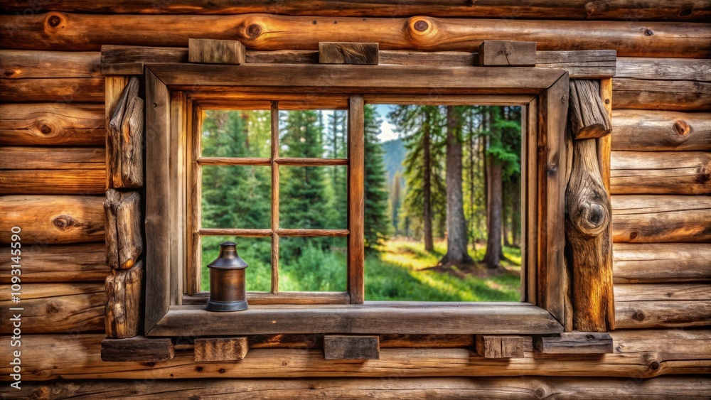 Aufkleber a rustic wooden window with a view of a forest, framed by natural log cabin walls