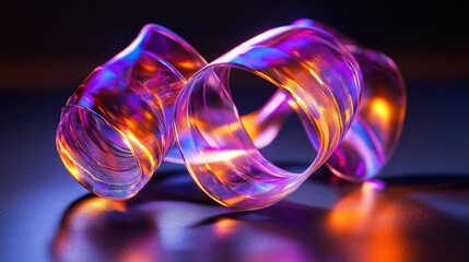 Surreal twisting ribbon rotating endlessly, holographic textures glowing in a seamless 4K render