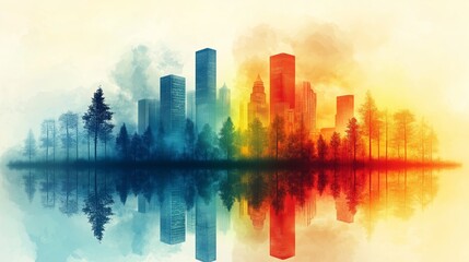 Obraz premium A vibrant cityscape with towering skyscrapers reflected in a calm body of water, surrounded by a colorful forest