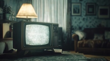 A vintage television set in an old living room, playing static on the screen.