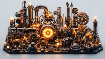 A detailed steampunk-inspired mechanical cityscape featuring gears, pipes, and glowing elements, showcasing intricate design and industrial aesthetics.