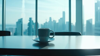 Ceramic Mug With Drink On Desk In Office Large Panoramic Window Office Morning Cybernetics Style Text Space