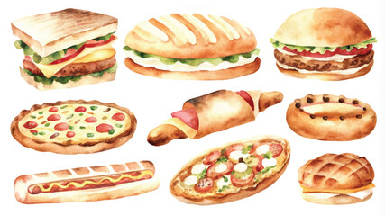 Big set of hand drawn watercolor fast food objects. Vector illustration.