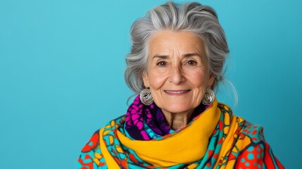 Woman with a colorful scarf and earrings is smiling. The scarf is multicolored and has a pattern of dots