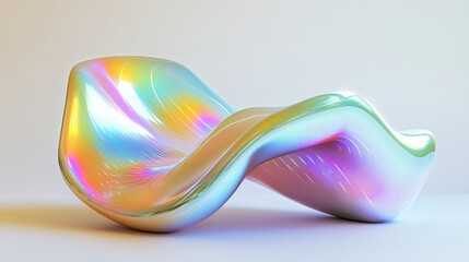 Wavy iridescent shape in 3D, featuring smooth holographic gradients and dynamic curves against a neutral backdrop