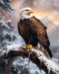 Obraz premium Majestic bald eagle perched on a snow-covered branch in a winter wonderland.