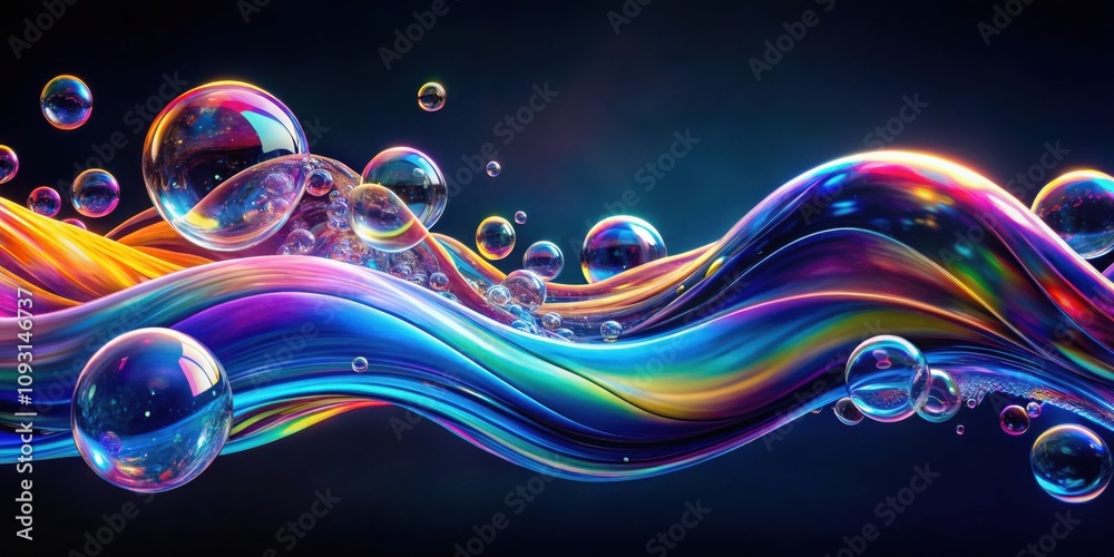 Poster A mesmerizing abstract art piece featuring a vibrant iridescent wave and numerous transparent orbs, creating a captivating play of light and color.