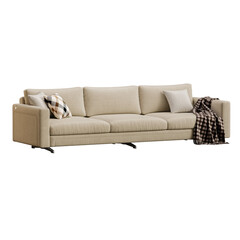 A white couch with a brown blanket draped over it