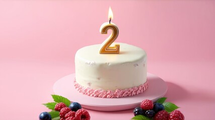 Airy birthday cake number two berry cake space for text on pink background