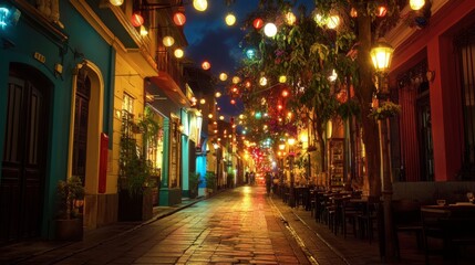 Colorful Night Street Scene with Vibrant Lanterns Hanging Over Cobblestone Path in a Quaint Urban Neighborhood Filled with Restaurants and Outdoor Dining
