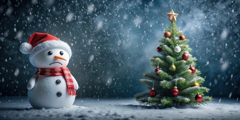Fototapeta premium A lonely snowman in a red hat and scarf looks longingly at a decorated Christmas tree in the snow