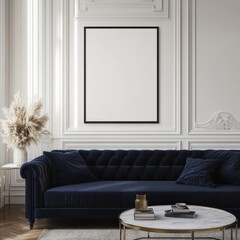 Elegant Living Room with Large Blank Black Poster Frame and Navy Blue Velvet Sofa