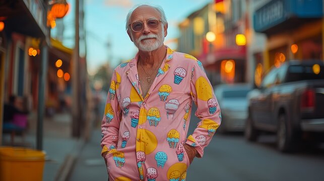 Man in a pink shirt with ice cream on it stands on a street. He is smiling and looking at the camera