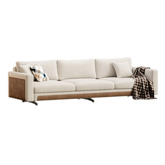 A white couch with a brown frame and a brown blanket draped over it