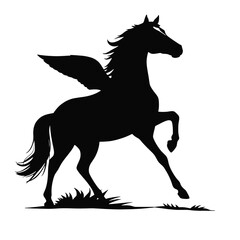 A black silhouette of a rearing horse in her two wings
