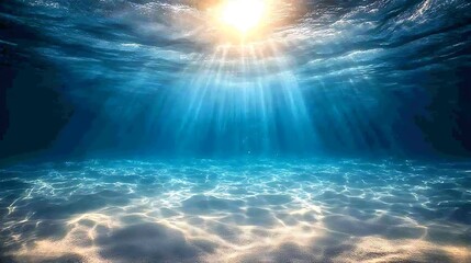 Fototapeta premium Radiant underwater ocean depths illuminated by sunlight streaming through blue water