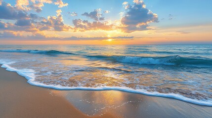 A tranquil beach scene at sunset, showcasing gentle waves lapping the shore under a colorful sky filled with clouds.
