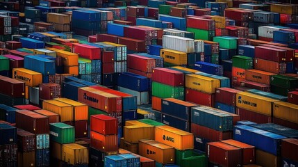 Aerial View of a Vibrant Container Yard Filled with Colorful Shipping Containers in Various Sizes, Showcasing the Global Trade Industry and Logistics Operations