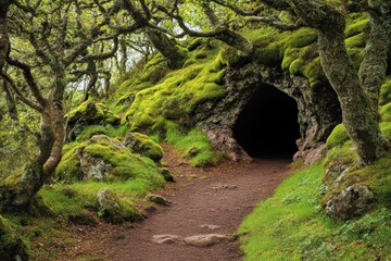 Fototapeta premium Mossy Cave Entrance Forest Trail Path