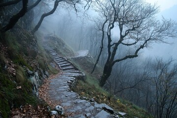 Misty Forest Stone Stairway Winding Path