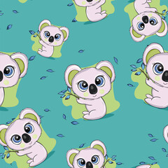 Seamless pattern with cute koala baby on color background. Funny australian animals. Card, postcards for kids. Flat vector illustration for fabric, textile, wallpaper, poster, paper.