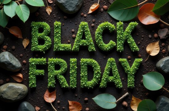 Greenery spells out Black Friday with leaves and stones in an earthy setting