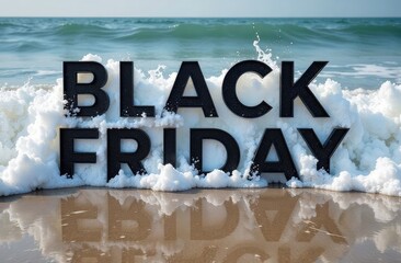 Black Friday letters washed by ocean waves on a sandy beach during the daytime