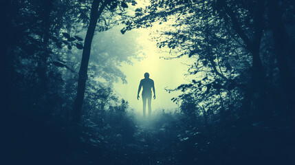 A shadowy figure in a dark forest clearing. Shadowy Forest Spirits. Illustration