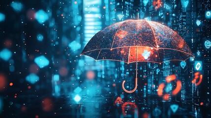 Glowing Umbrella Sheltering Corporate Skyscraper from Financial Storm Business Insurance Concept