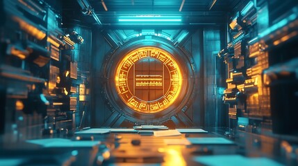 Glowing Futuristic Bank Vault Symbolizing Safeguarding of Business Assets and Financial Stability