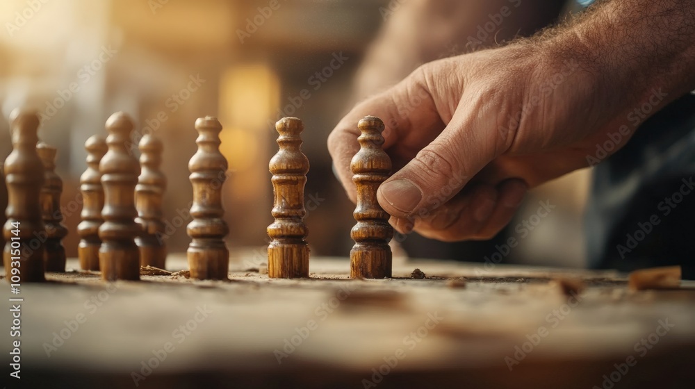 Poster hand of a person moving a handmade wooden chess piece on a rustic table in natural light representin