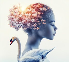Double exposure of young woman with swan and dogwood , isolated on white background,  , copy space, copy space for text,