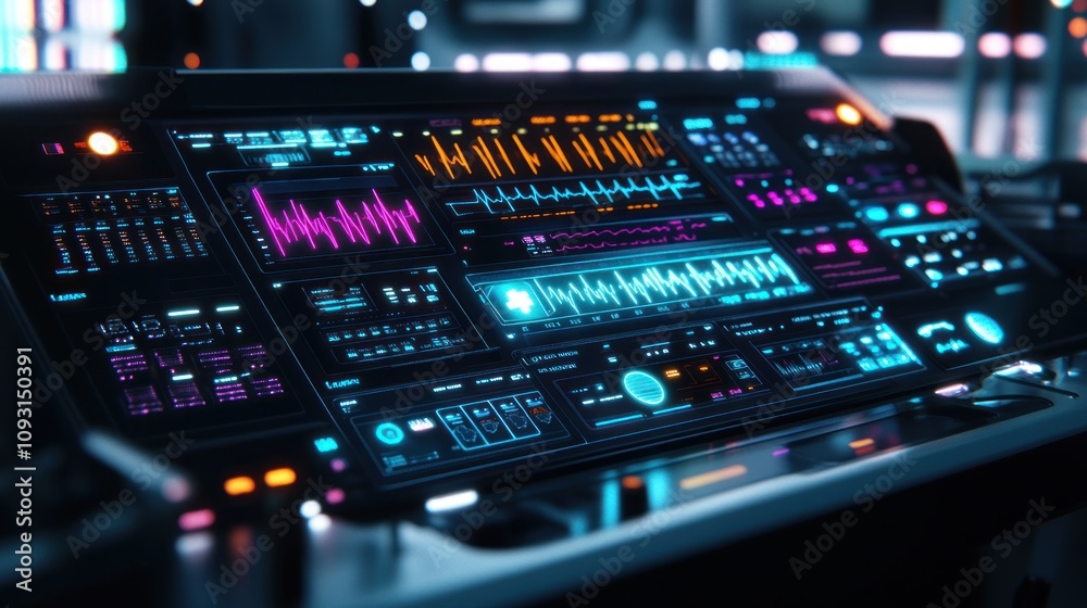 Poster futuristic control panel displays vital data and information