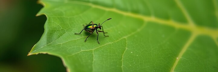 Fototapeta premium Small insect with metallic green body resting on a large leaf, common green bottle fly, environment