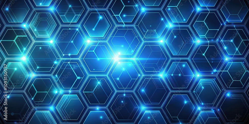 Poster abstract geometric pattern of interconnected hexagon shapes with glowing lines and blue background