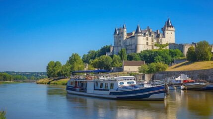 Fototapeta premium Scenic View of a Castle on a Hill Overlooking Calm Waters with a Boat in the Foreground Set Against a Bright Blue Sky and Lush Greenery Surrounding the Area