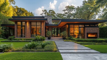 Obraz premium Modern Brick Home with Expansive Windows and Landscaped Gardens